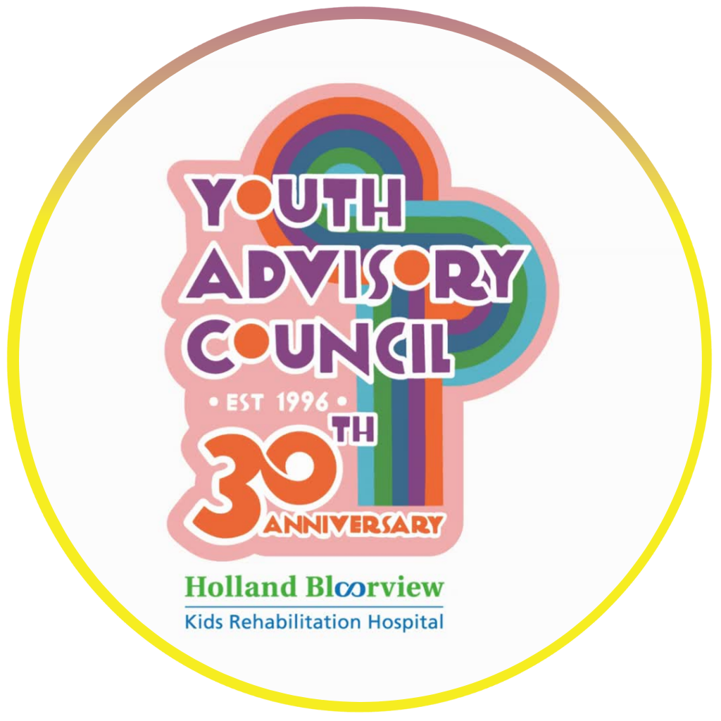Holland Bloorview Kids' Rehabilitation Hospital's Youth Advisory Council logo features 70s-inspired bubble lettering and colours and is pictured inside an EKO Tribute Award branded purple and yellow circle.