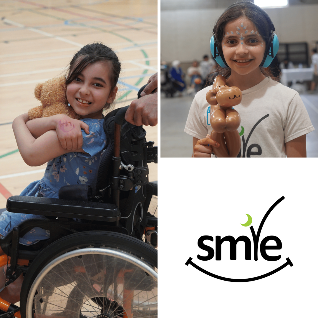 Two images of young girls smiling with their OPEN SHOP toys are pictured with the SMILE Canada logo.
