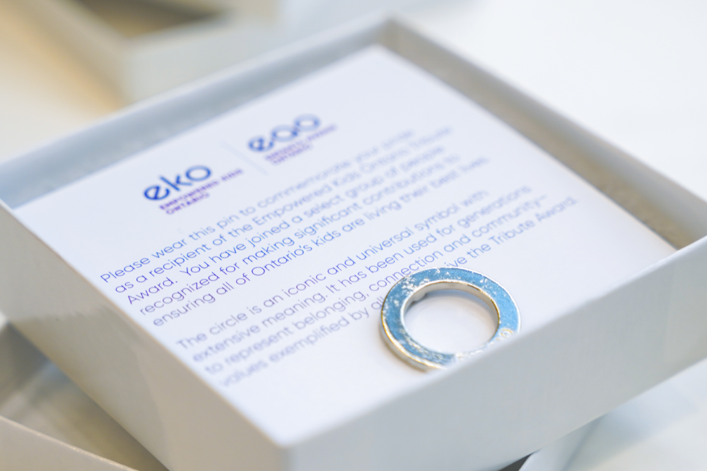 The EKO Tribute Award is a silver circle pin, it is pictured in a white box with a message from the organization.