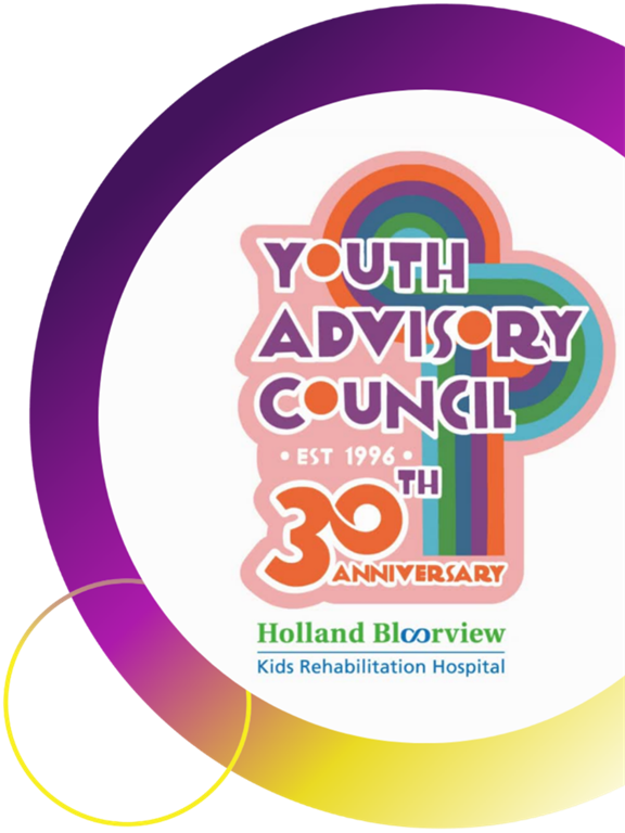 Holland Bloorview Kids' Rehabilitation Hospital's Youth Advisory Council logo features 70s-inspired bubble lettering and colours and is pictured inside an EKO Tribute Award branded purple and yellow circle.